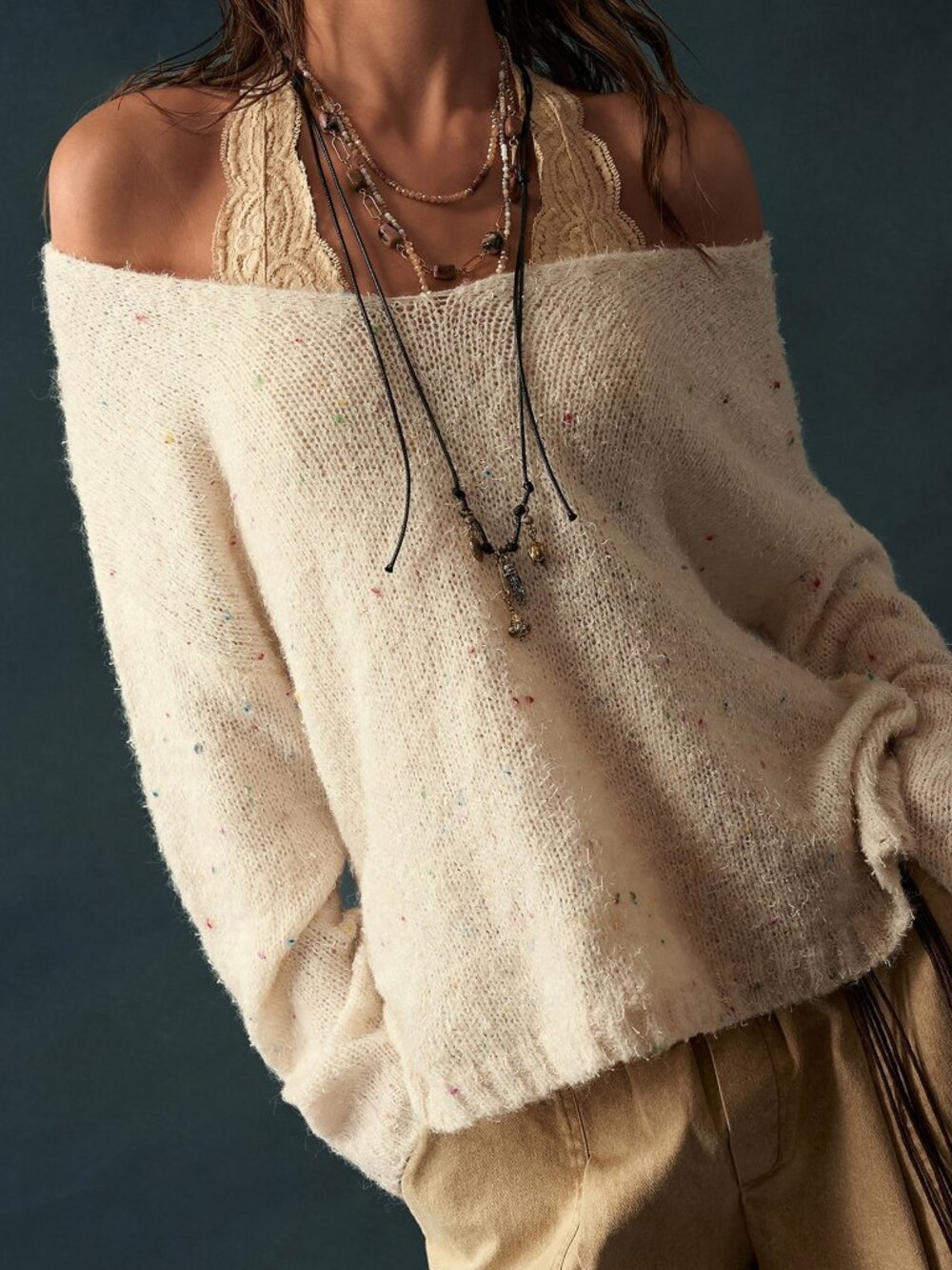 Beige Casual Women's Colorful Polka Dot Loose Pullover Sweater